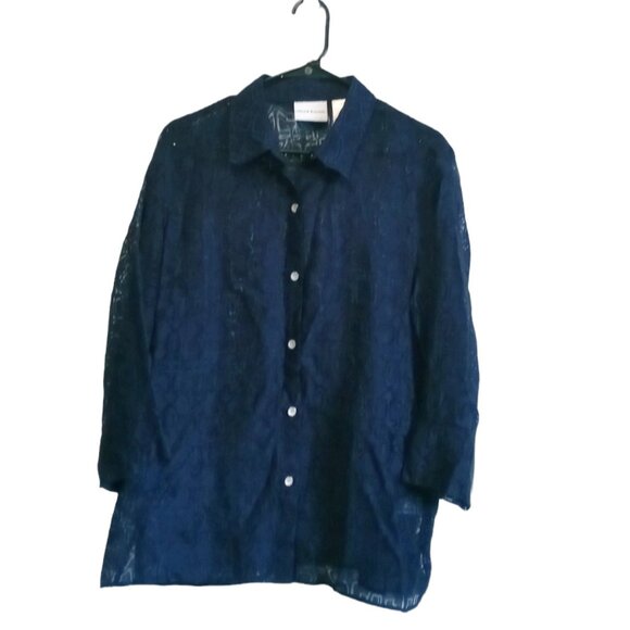 Alfred Dunner Womens Navy Button Down Sheer Blouse 3/4 Sleeves Size 14 - Picture 1 of 9